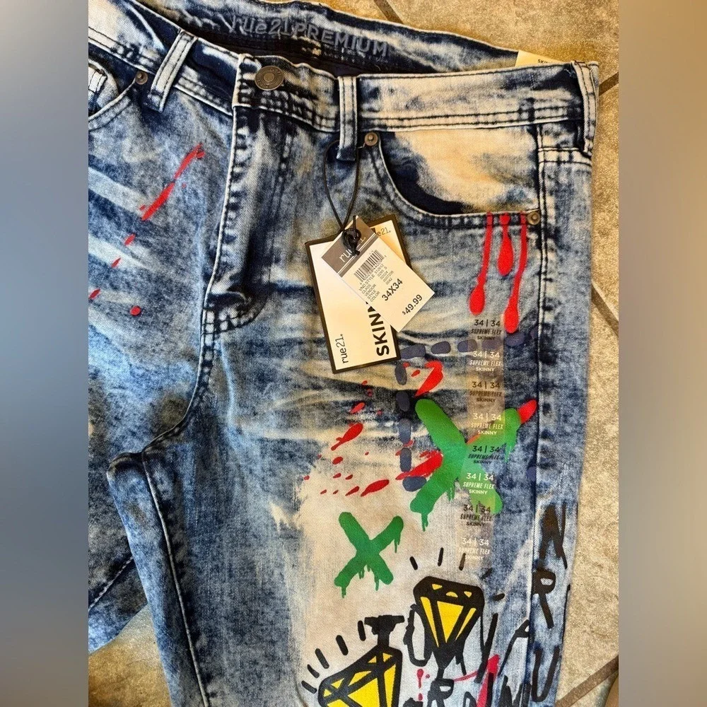 Men's rue21 Premium‎ Supreme Flex Skinny Jeans Graphic Paint Splatter NWT 36x32